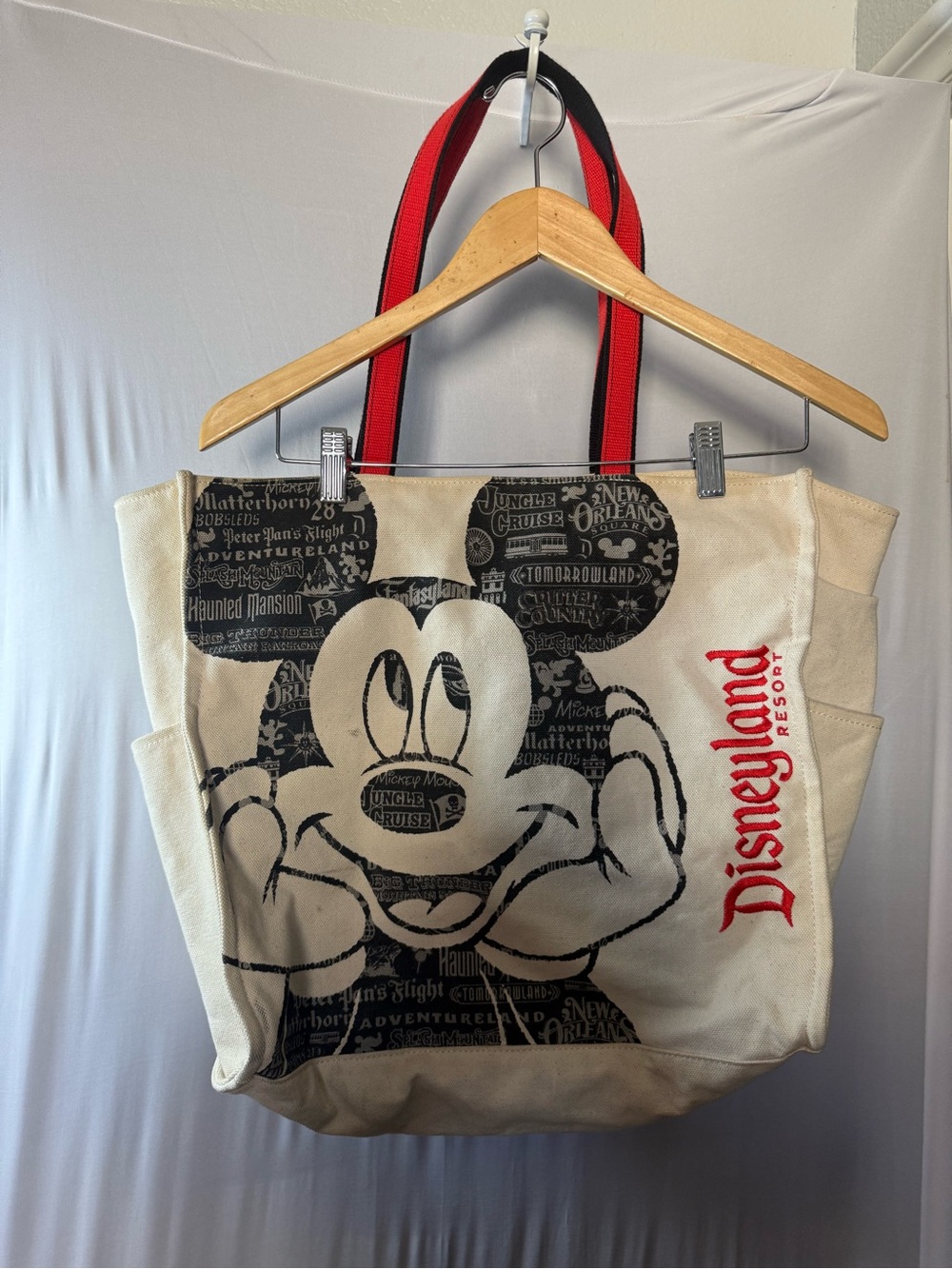 Beige Mickey Canvas Tote with Red Straps